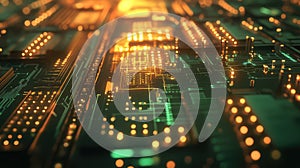 Digital circuit board processing data with glowing connections
