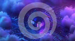 A digital circuit board featuring an isometric house and cloud technology.