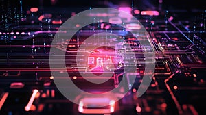 Digital circuit board glowing with abstract data processing