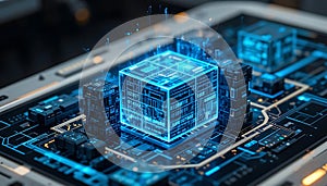 Digital Circuit Board with Glowing Blue Data Cube and Processors
