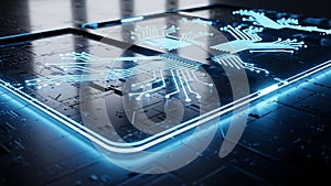 Digital circuit board with glowing blue lines representing data flow and technology