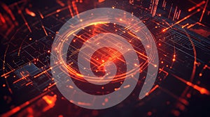 Digital circuit board with glowing data lines and a central processing core