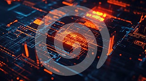 Digital circuit board with glowing data processing