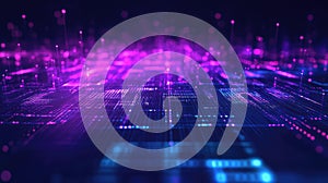 Digital circuit board with glowing data processing information
