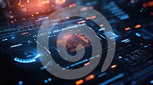 Digital circuit board with glowing data processing interface