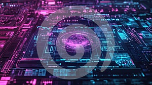 Digital circuit board with glowing data processing interface