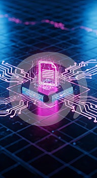 Digital Circuit Board With Glowing Document Icon Data Processing