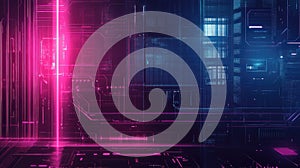 Digital circuit board with glowing neon light connecting data