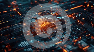 Digital circuit board microchip processing data flowing information