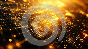 Digital circuit board network with glowing golden data flow