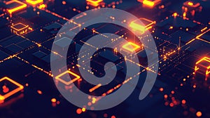 Digital circuit board processing data with glowing connections