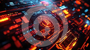 Digital circuit board processing data with glowing elements