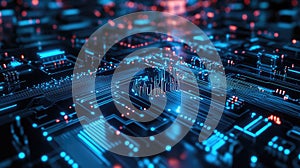 Digital circuit board processing data with glowing lines