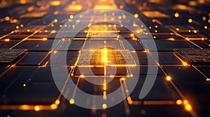 Digital circuit board processing data with glowing network connections