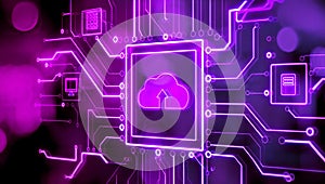 Digital circuit board showcasing advanced cloud computing, data centers, and network technology.