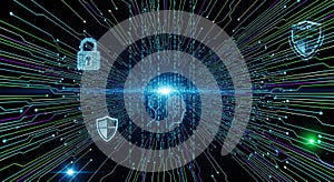 Digital circuit with glowing binary code and security in a futuristic tunnel