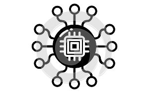 Digital circuit icon with central processor unit and multiple connection nodes