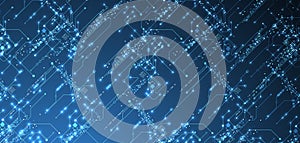 Digital circuit visualization vector background. Blue board pattern with interconnected lines, nodes, and binary code