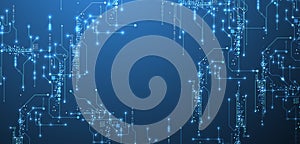 Digital circuit visualization vector background. Blue board pattern with interconnected lines, nodes, and binary code