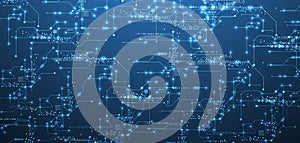 Digital circuit visualization vector background. Blue board pattern with interconnected lines, nodes, and binary code