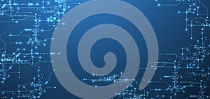 Digital circuit visualization vector background. Blue board pattern with interconnected lines, nodes, and binary code