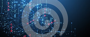 Digital circuit visualization vector background. Blue board pattern with interconnected lines, nodes, and binary code