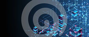Digital circuit visualization vector background. Blue board pattern with interconnected lines, nodes, and binary code