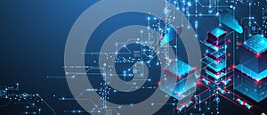 Digital circuit visualization vector background. Blue board pattern with interconnected lines, nodes, and binary code