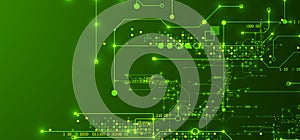 Digital circuit visualization vector background. Green board pattern with interconnected lines, nodes, and binary code