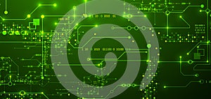 Digital circuit visualization vector background. Green board pattern with interconnected lines, nodes, and binary code