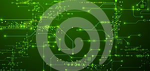 Digital circuit visualization vector background. Green board pattern with interconnected lines, nodes, and binary code