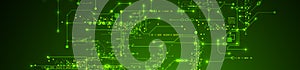 Digital circuit visualization vector background. Green board pattern with interconnected lines, nodes, and binary code