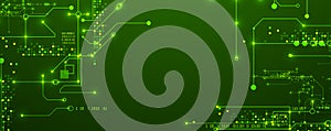 Digital circuit visualization vector background. Green board pattern with interconnected lines, nodes, and binary code