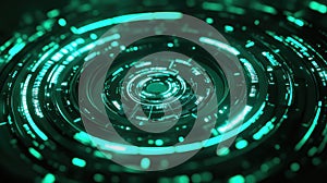 Digital circular interface displaying abstract technology data