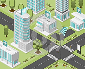 Digital city isometric with free internet in different areas. Wifi in buildings and parks, on street. Technology town