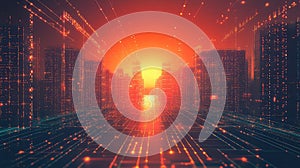 Digital city network transferring data at sunset