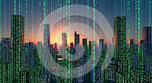 Digital City Skyline at Sunset with Falling Binary Code Data Streams