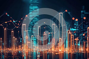 Digital city visualization with glowing lines and financial graph elements