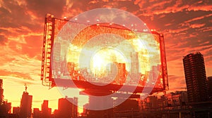 Digital cityscape billboard displaying binary code at red sunset