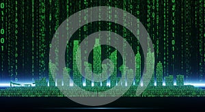 Digital Cityscape Binary Code Skyline and Matrix Rain Effect