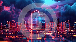 Digital Cityscape with Cloud Storage Icon