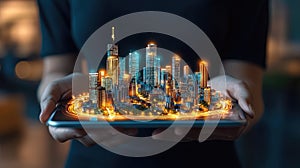 Digital cityscape displayed on a tablet