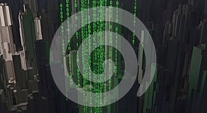 Digital Cityscape with Falling Binary Code Streams Futuristic Data Flow