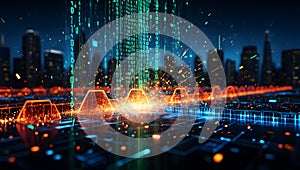 Digital Cityscape with Flowing Binary Code and Geometric Light Patterns data technology