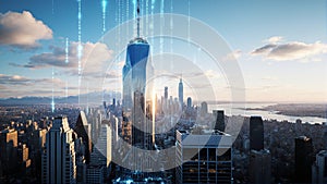 Digital Cityscape: Futuristic Skyscrapers and Binary Code