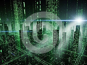Digital Cityscape with Green Binary Code Falling like Rain futuristic technology