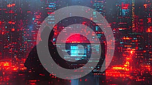 Digital Cityscape Illustration with Person Using a Computer