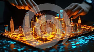 A digital cityscape model displayed on a touch screen