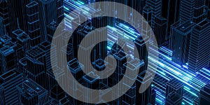 Digital Cityscape with Neon Binary Code