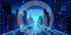 Digital Cityscape with Neon Binary Code